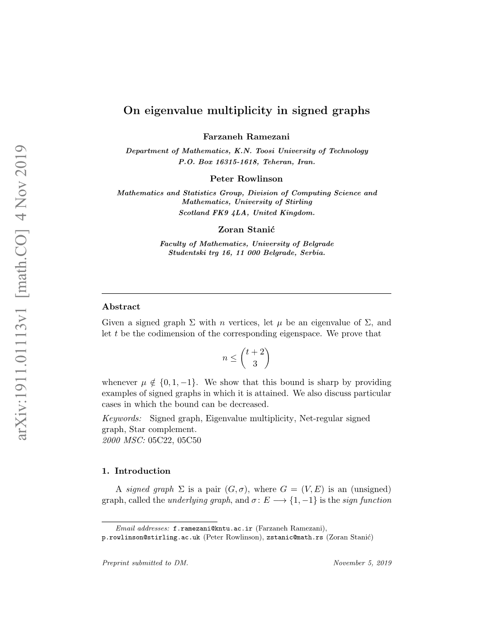 Arxiv:1911.01113V1 [Math.CO] 4 Nov 2019 Whenever 00MSC: 2000 Complement