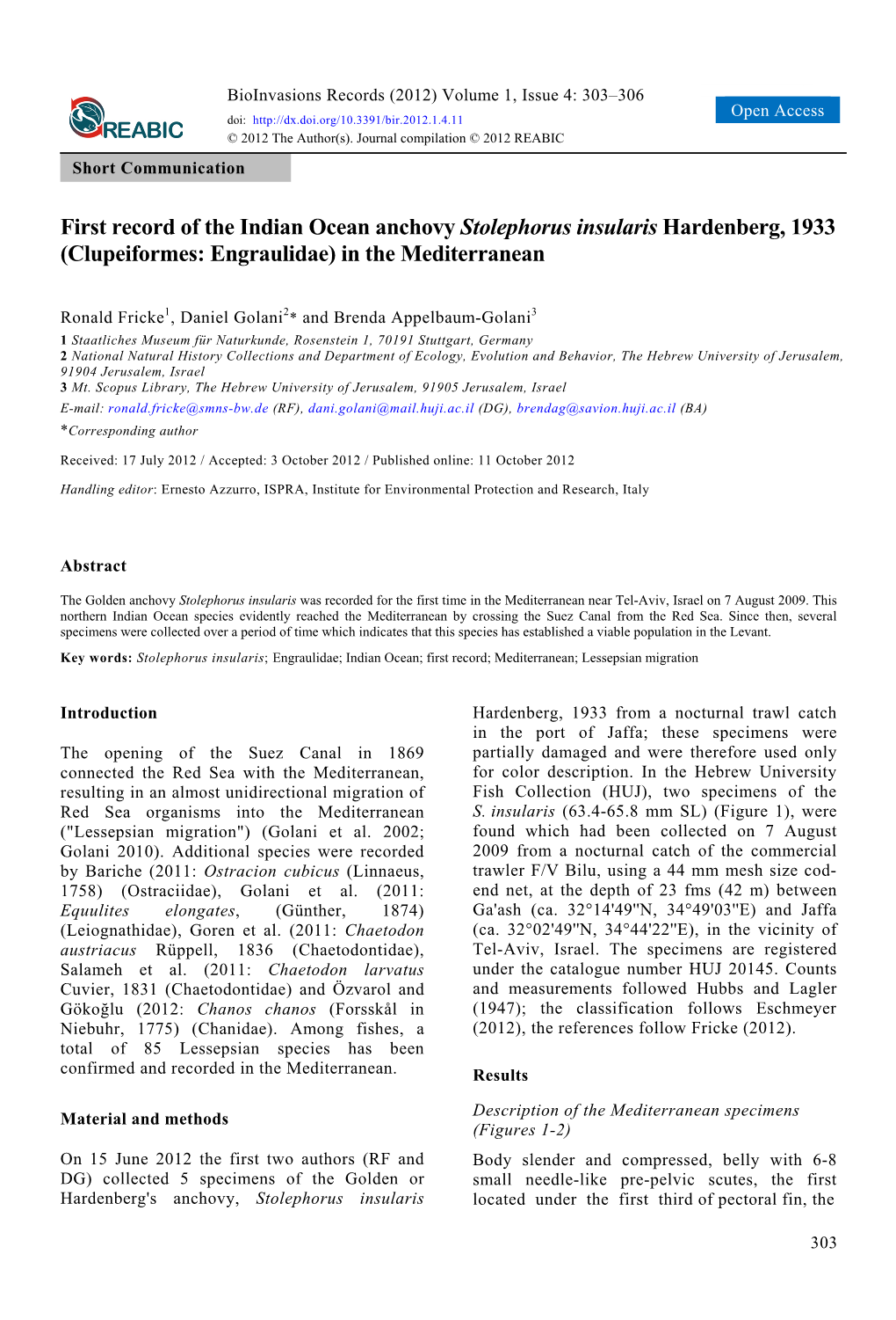 First Record of the Indian Ocean Anchovy Stolephorus Insularis Hardenberg, 1933 (Clupeiformes: Engraulidae) in the Mediterranean