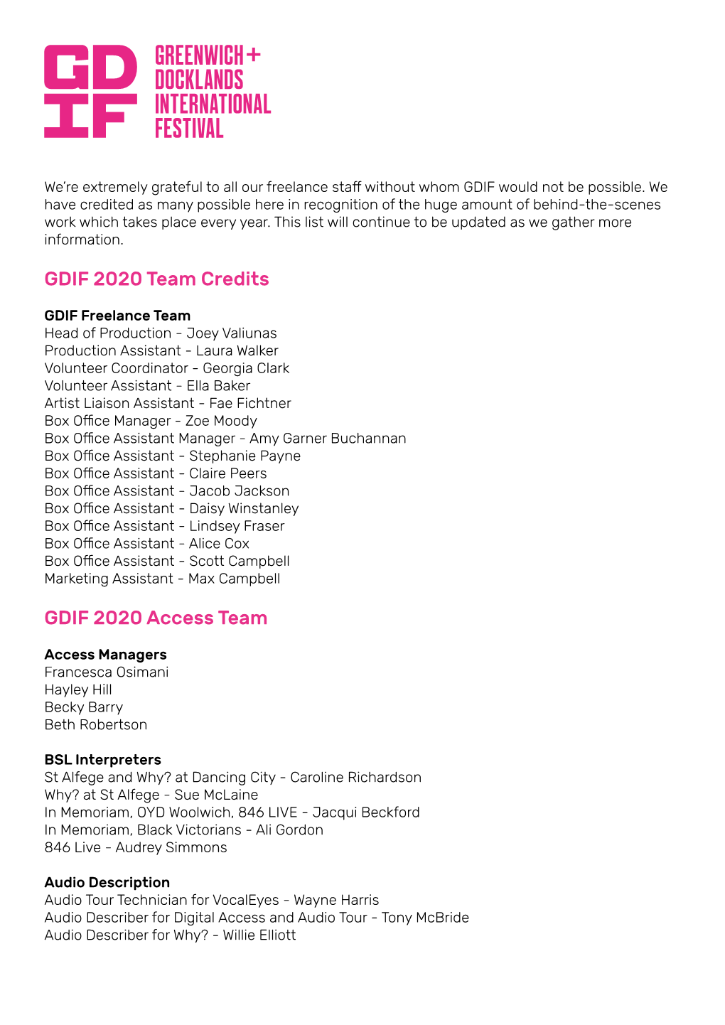 Festival Credits for GDIF 2020