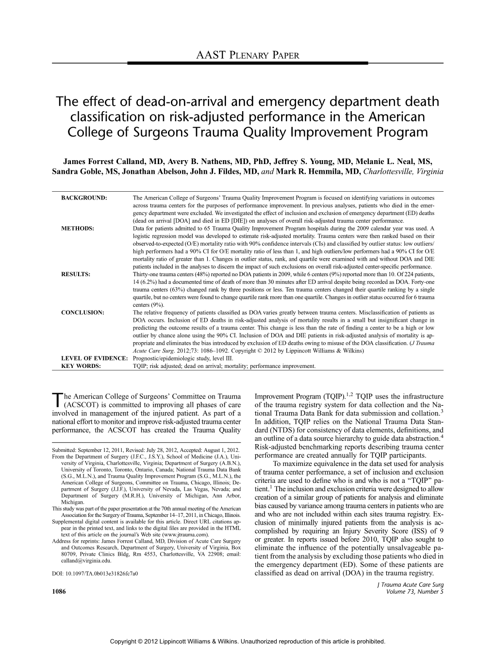 The Effect of Dead-On-Arrival and Emergency Department Death Classification on Risk-Adjusted Performance in the American College