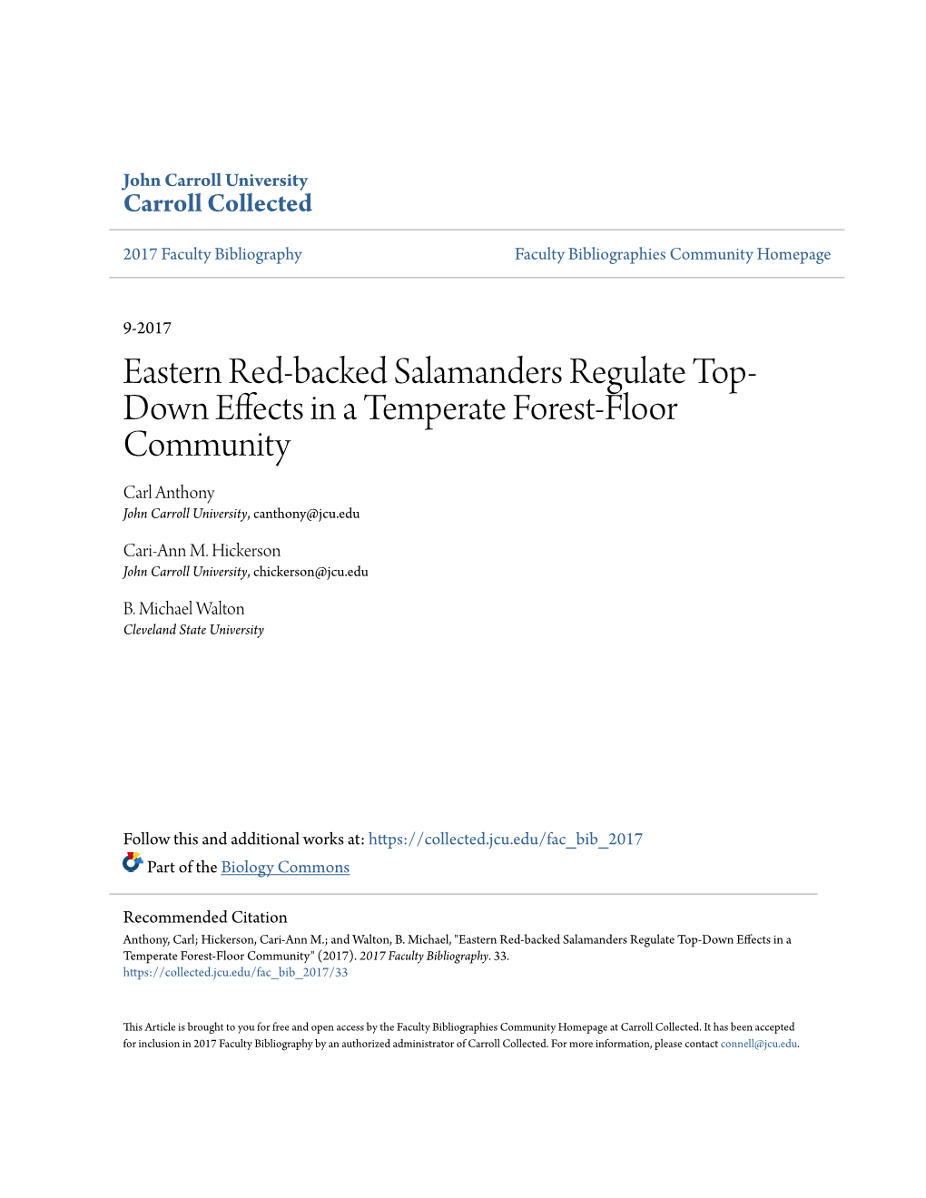 Eastern Red-Backed Salamanders Regulate Top-Down Effects in a Temperate Forest-Floor Community