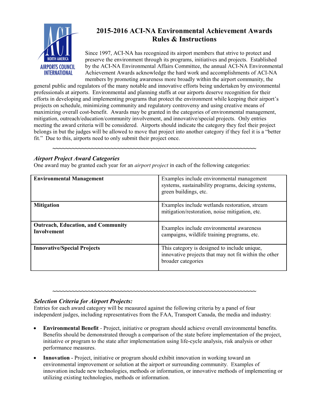 Proposed Changes to ACI-NA Environmental Achievement Awards