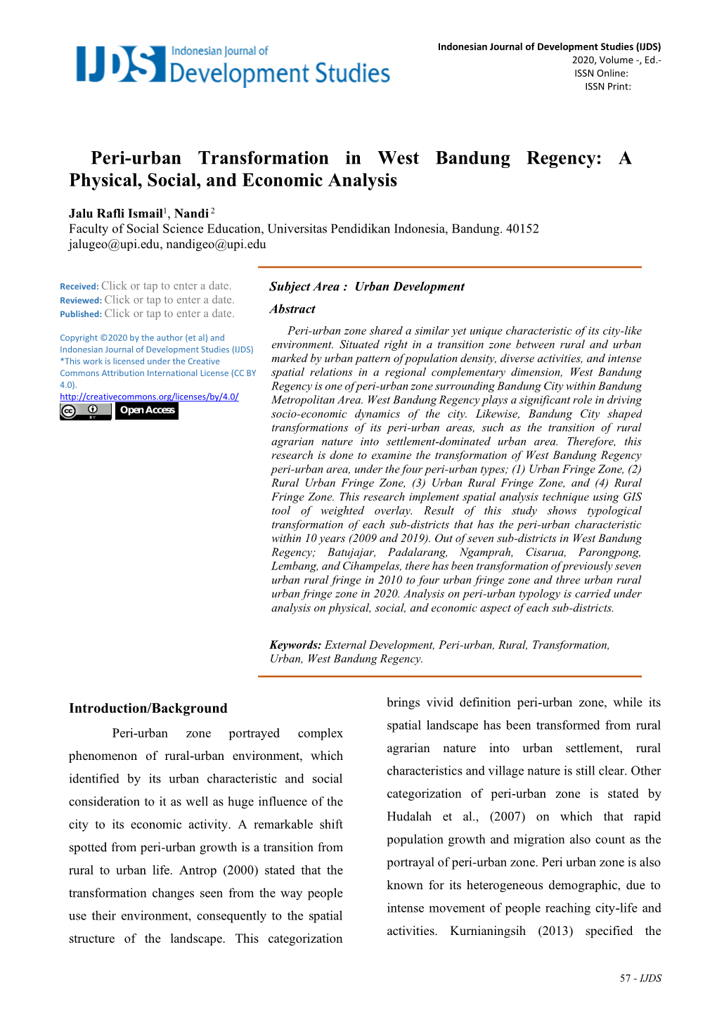 Peri-Urban Transformation in West Bandung Regency: a Physical, Social, and Economic Analysis