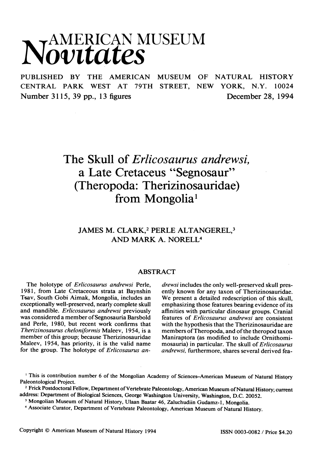 Novitaotesamerican MUSEUM PUBLISHED by the AMERICAN MUSEUM of NATURAL HISTORY CENTRAL PARK WEST at 79TH STREET, NEW YORK, N.Y