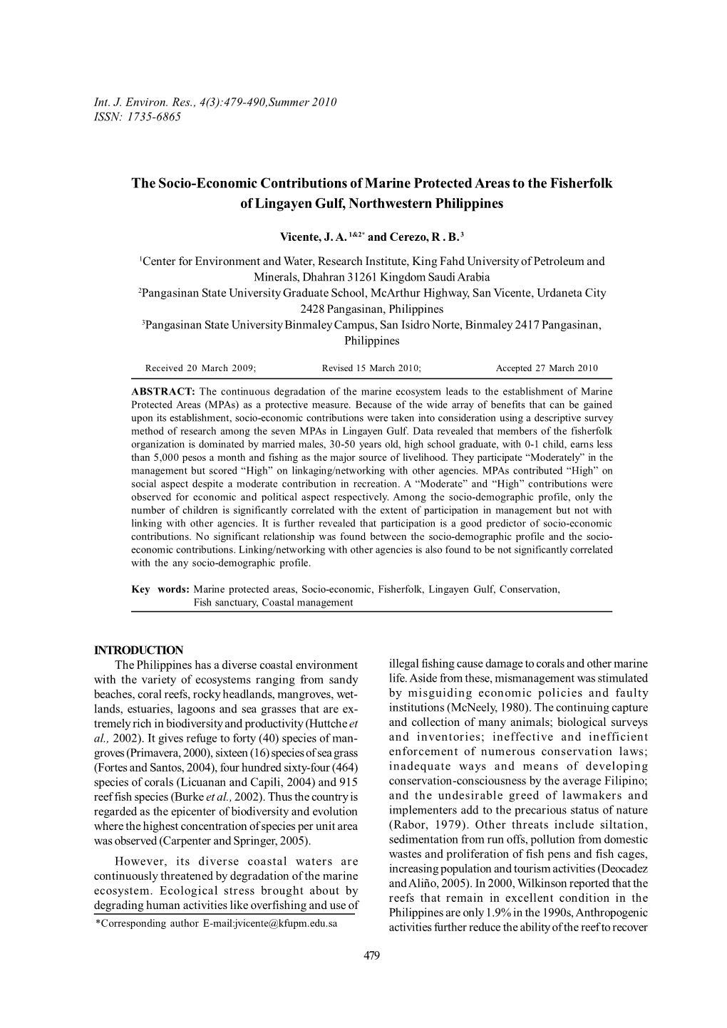 The Socio-Economic Contributions of Marine Protected Areas to the Fisherfolk of Lingayen Gulf, Northwestern Philippines