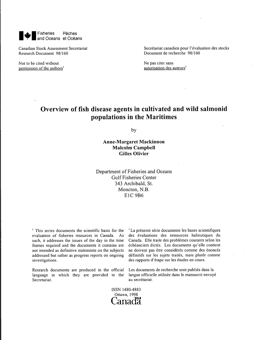 Overview of Fish Disease Agents in Cultivated and Wild Salmonid Populations in the Maritimes