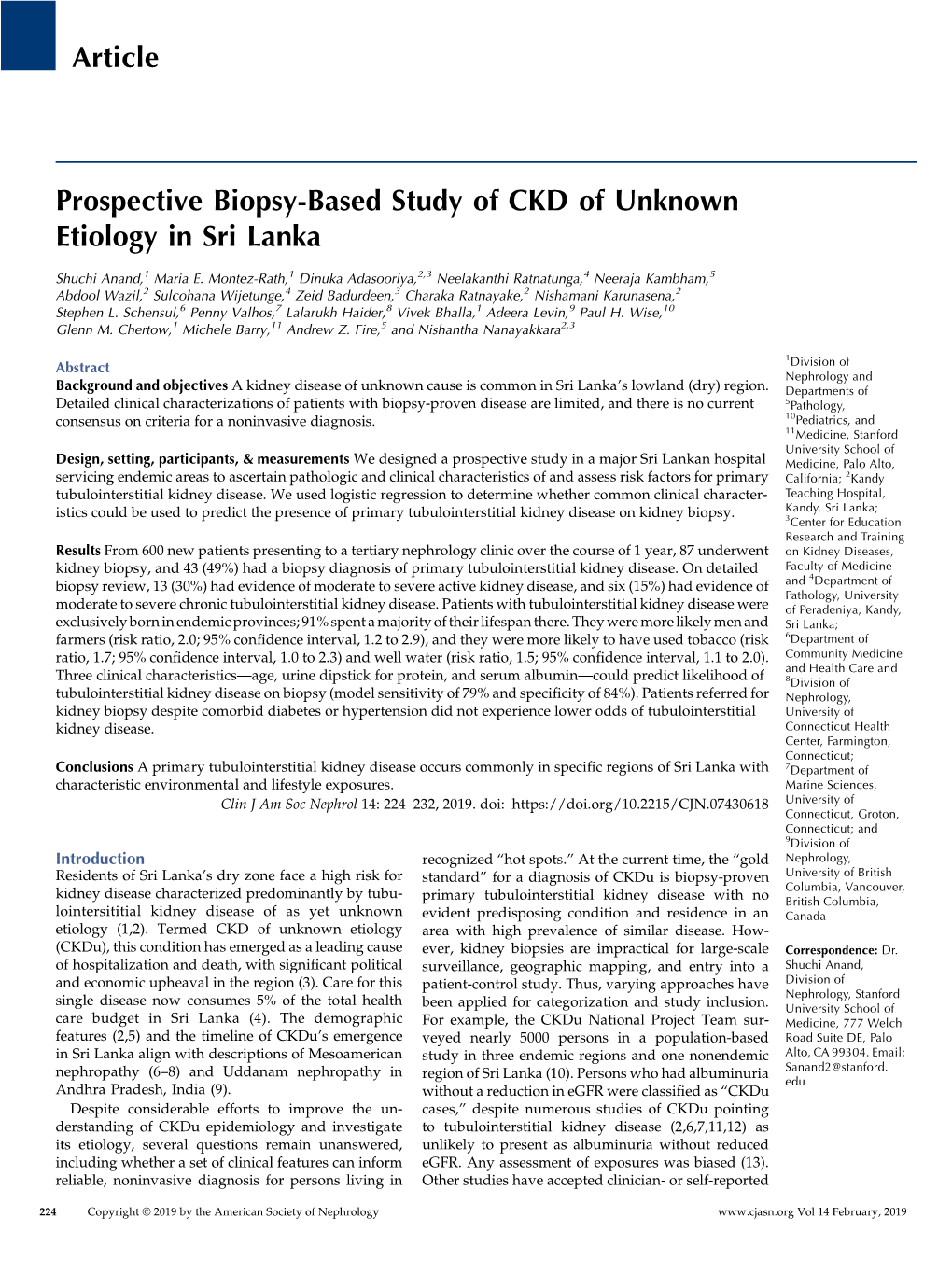 Prospective Biopsy-Based Study of CKD of Unknown Etiology in Sri Lanka