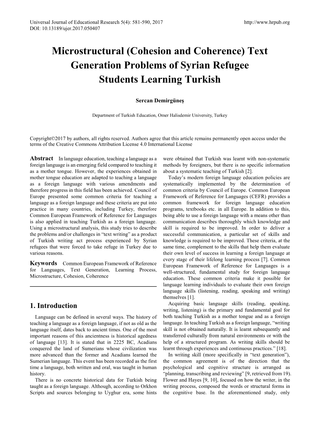 Microstructural (Cohesion and Coherence) Text Generation Problems of Syrian Refugee Students Learning Turkish