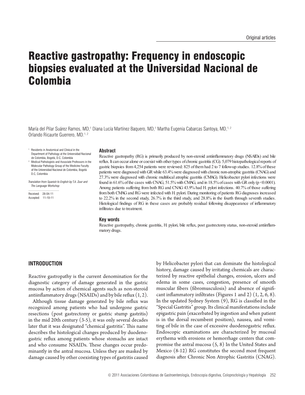 Reactive Gastropathy: Frequency in Endoscopic Biopsies Evaluated at the Universidad Nacional De Colombia