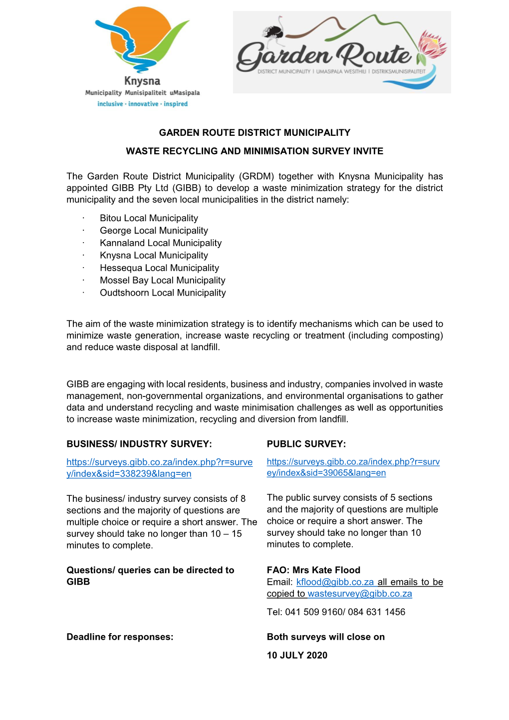 Garden Route District Municipality Waste Recycling and Minimisation Survey Invite