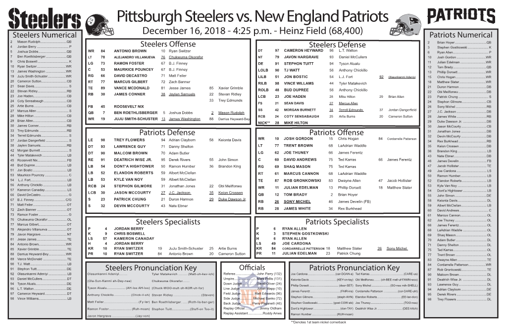 Pittsburgh Steelers Vs. New England Patriots Steelers Numerical December 16, 2018 - 4:25 P.M