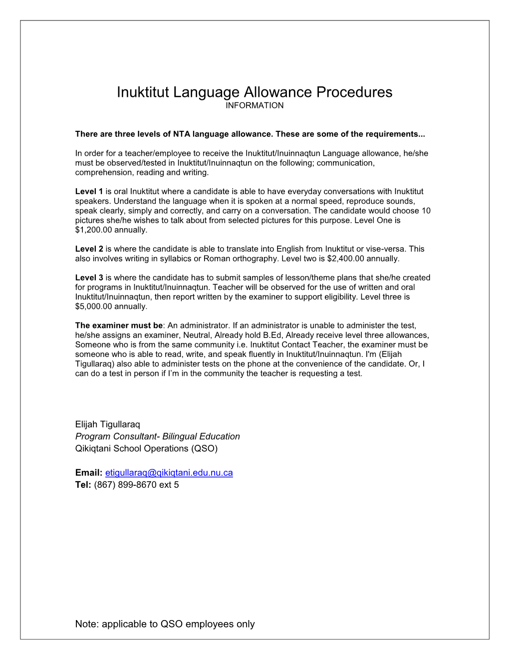 Test for Inuktitut/Inuinnaqtun Language Allowance