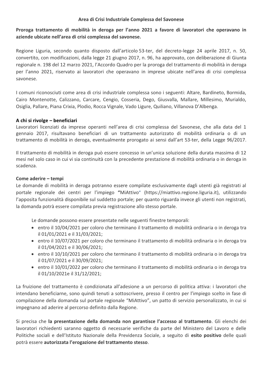 Area Di Crisi Industriale Complessa Del Savonese Proroga Trattamento