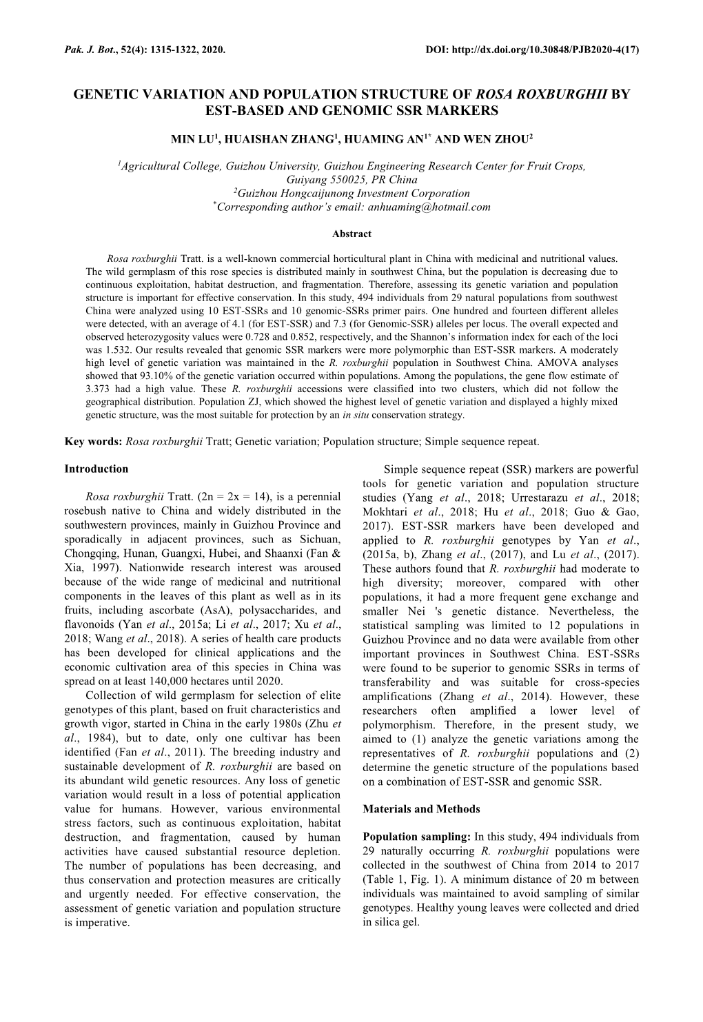 Genetic Variation and Population Structure of Rosa Roxburghii by Est-Based and Genomic Ssr Markers