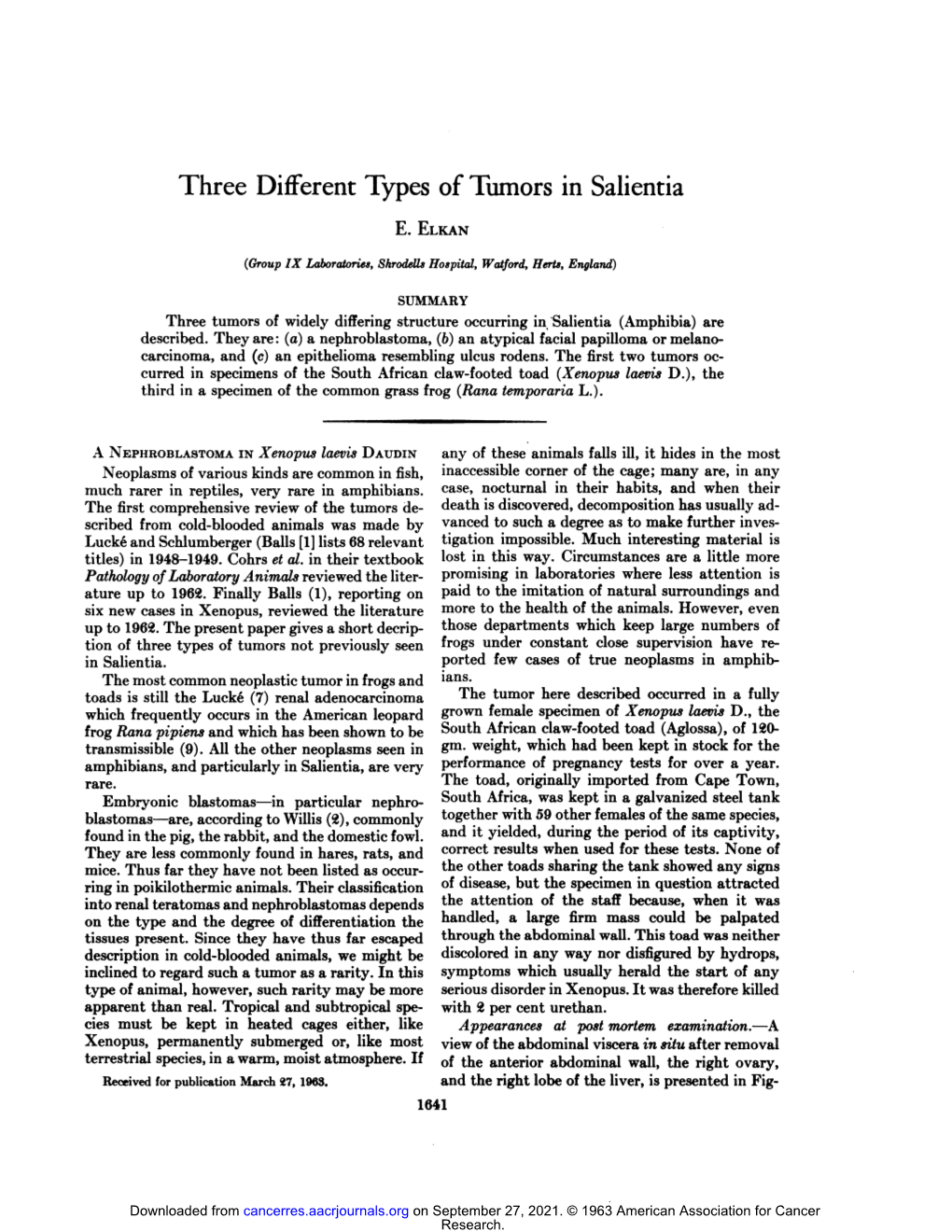 Three Different Types of Tumors in Salientia