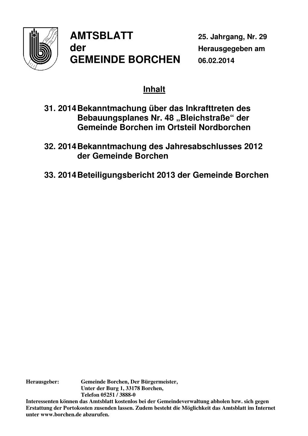 Amtsblatt Der Gemeinde Borchen Veröffentlicht Und Dem Jahressabschluss 2013 Beigefügt