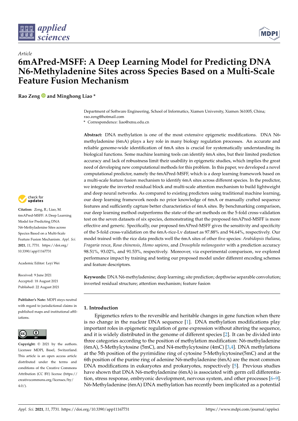 6Mapred-MSFF: a Deep Learning Model for Predicting DNA N6-Methyladenine Sites Across Species Based on a Multi-Scale Feature Fusion Mechanism