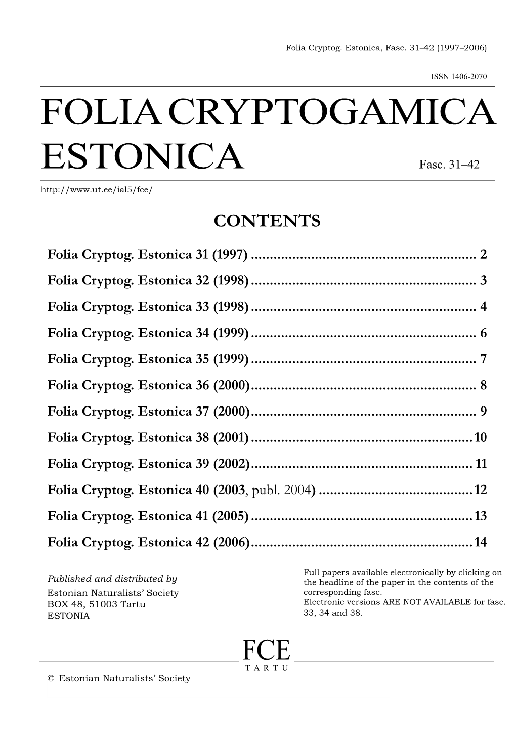 Contents of Elibrary of Folia Cryptog. Estonica Fasc. 31–42