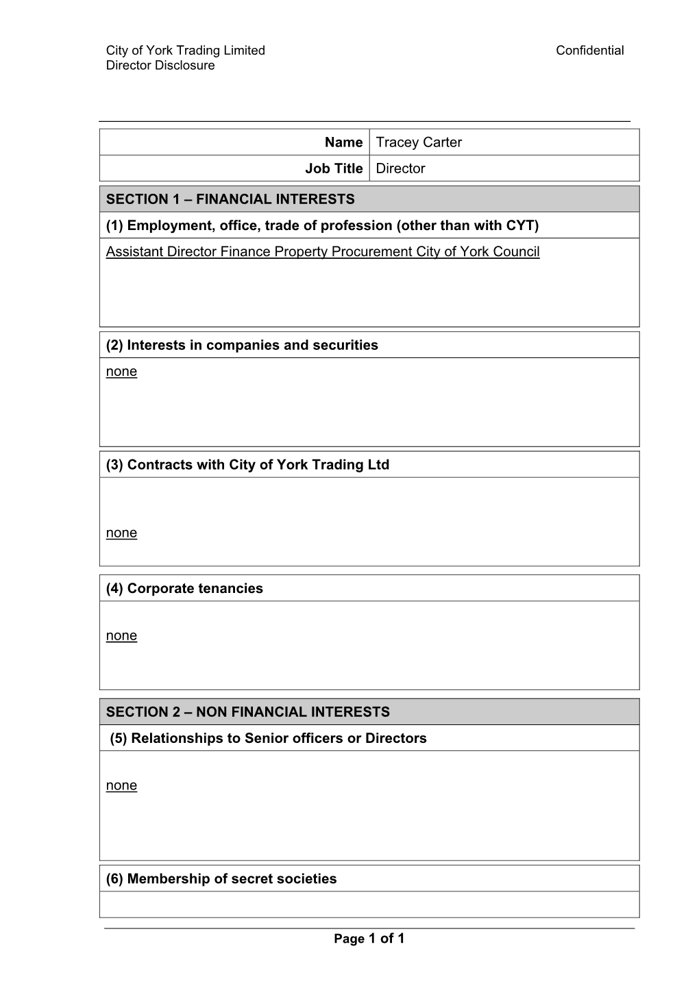 Page 1 of 1 Name Tracey Carter Job Title Director SECTION 1