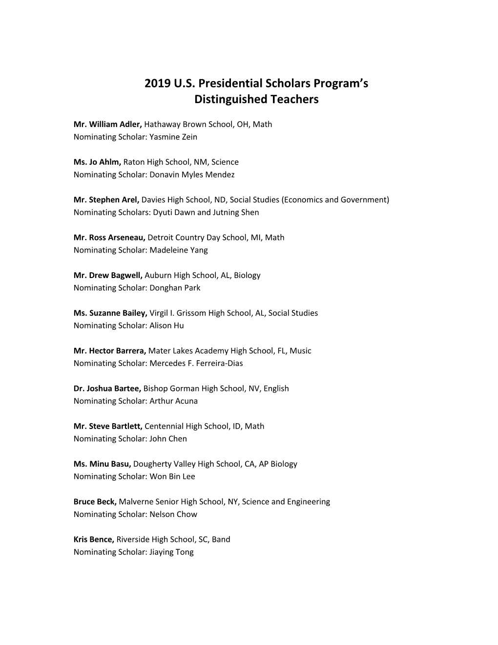 Presidential Scholars Program: 2019 Distinguished Teachers