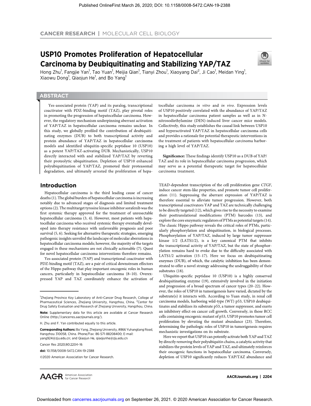 USP10 Promotes Proliferation of Hepatocellular Carcinoma By