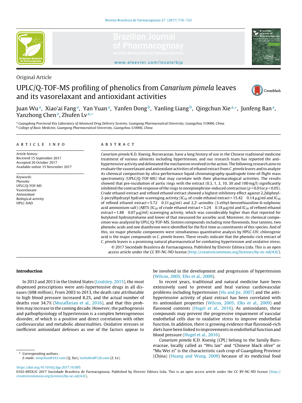 UPLC/Q-TOF-MS Profiling of Phenolics from Canarium Pimela