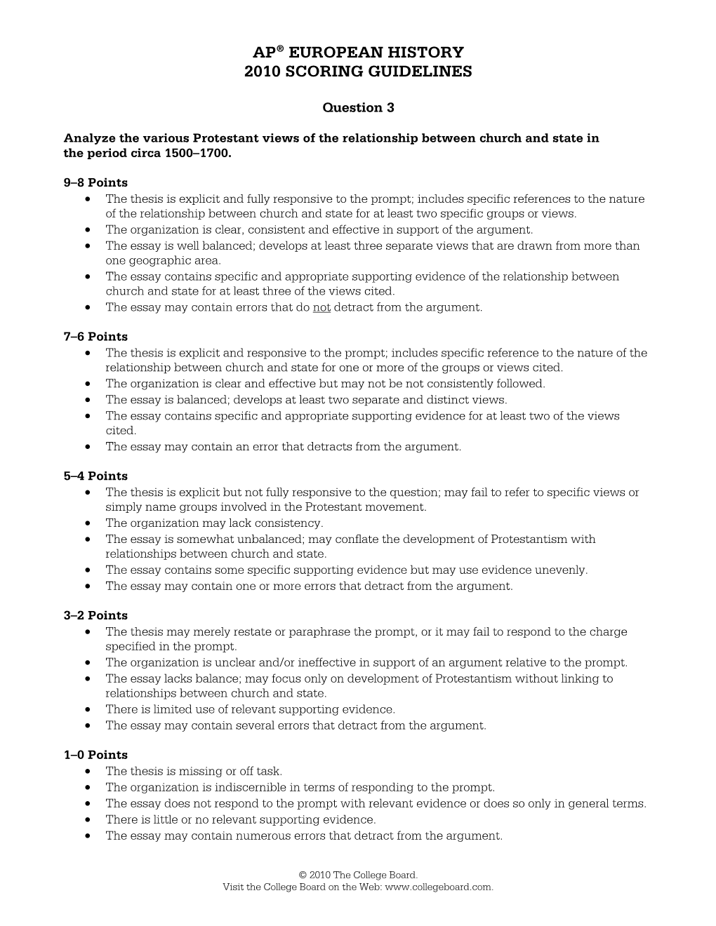 Ap® European History 2010 Scoring Guidelines