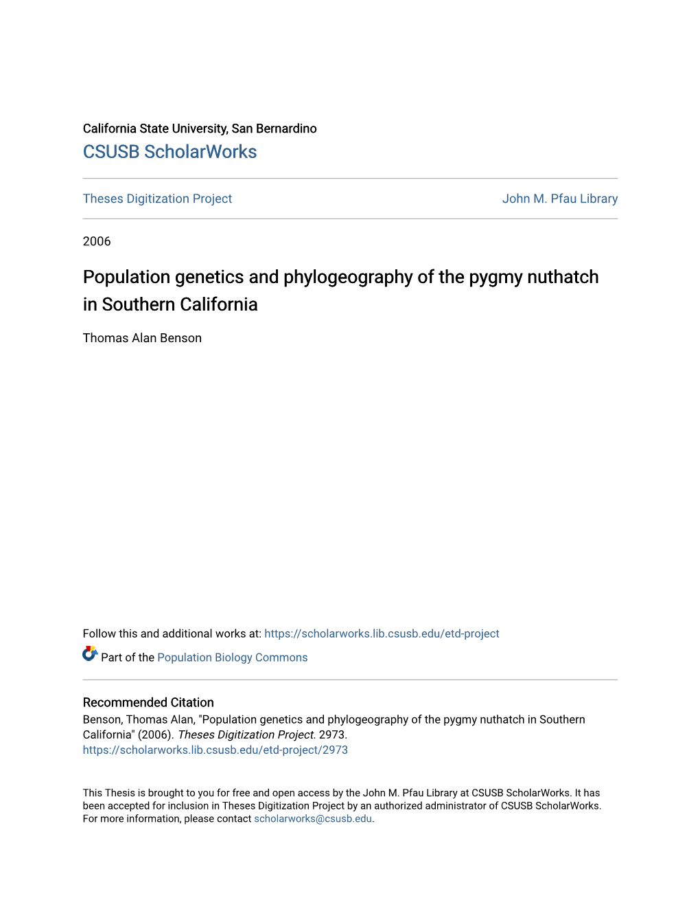 Population Genetics and Phylogeography of the Pygmy Nuthatch in Southern California