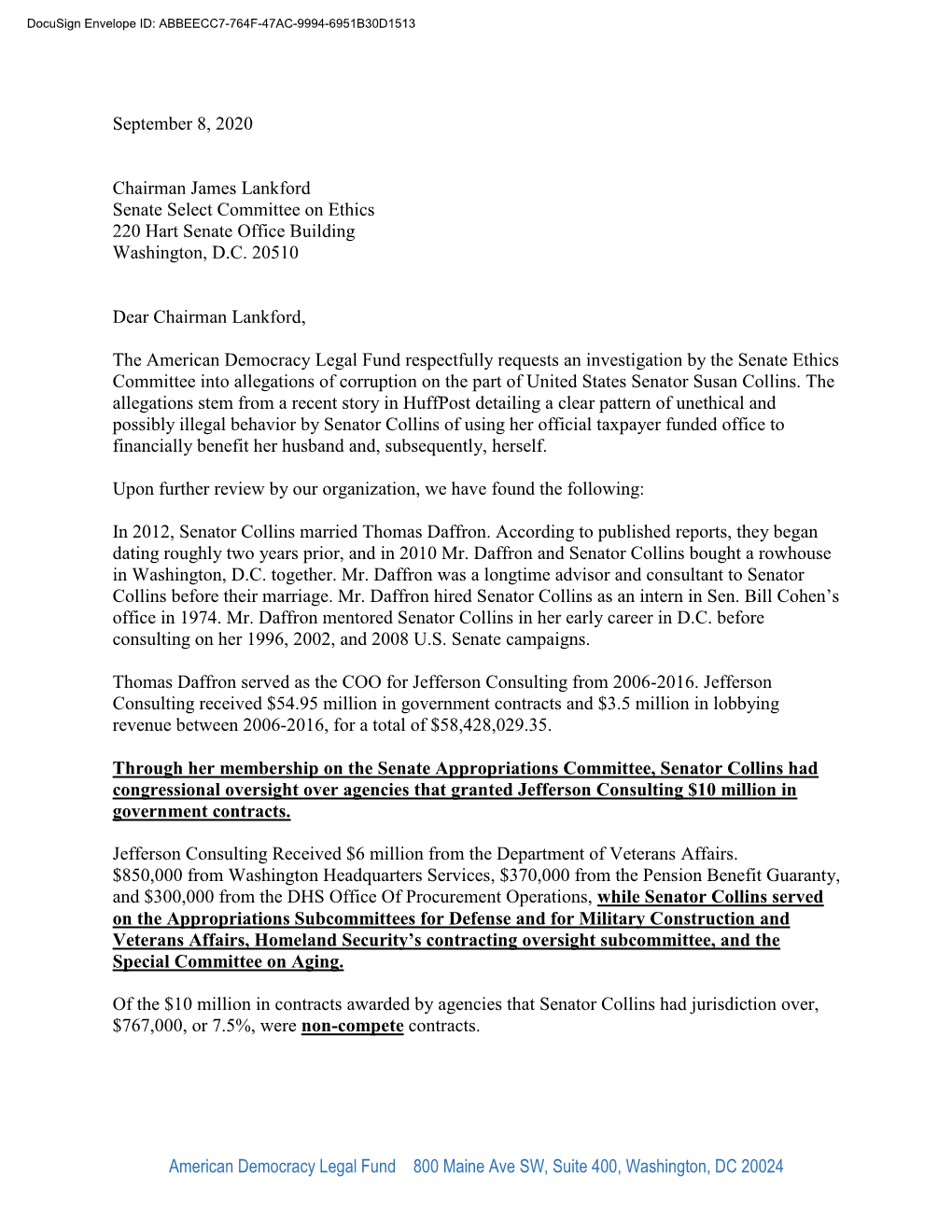 American Democracy Legal Fund 800 Maine Ave SW, Suite 400, Washington, DC 20024 September 8, 2020 Chairman James Lankford