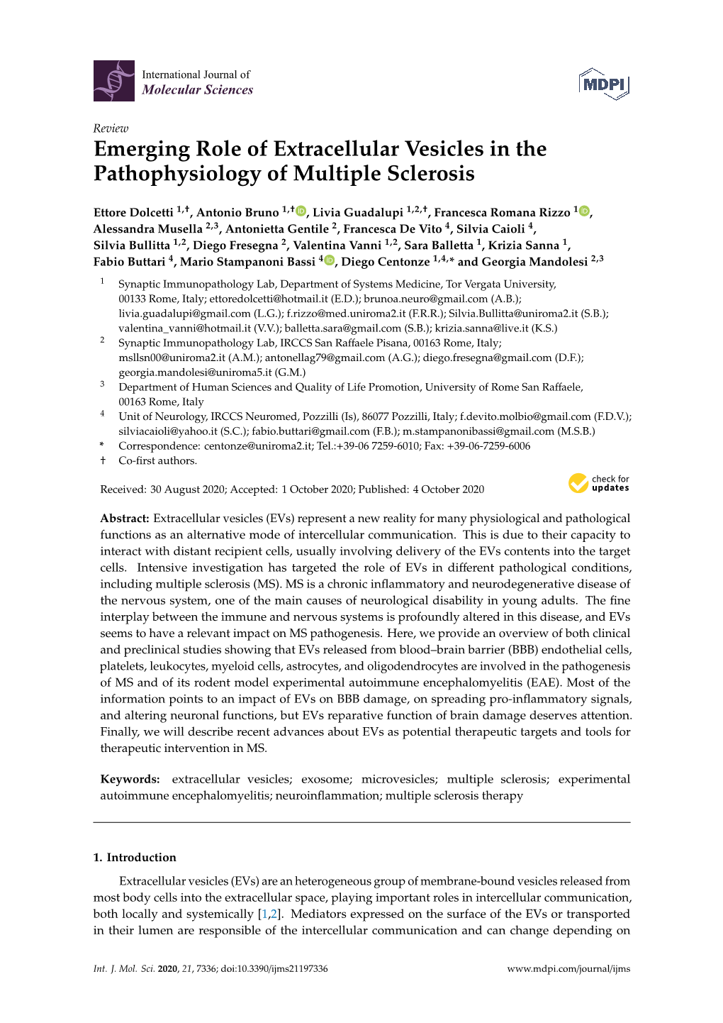 Emerging Role of Extracellular Vesicles in the Pathophysiology of Multiple Sclerosis