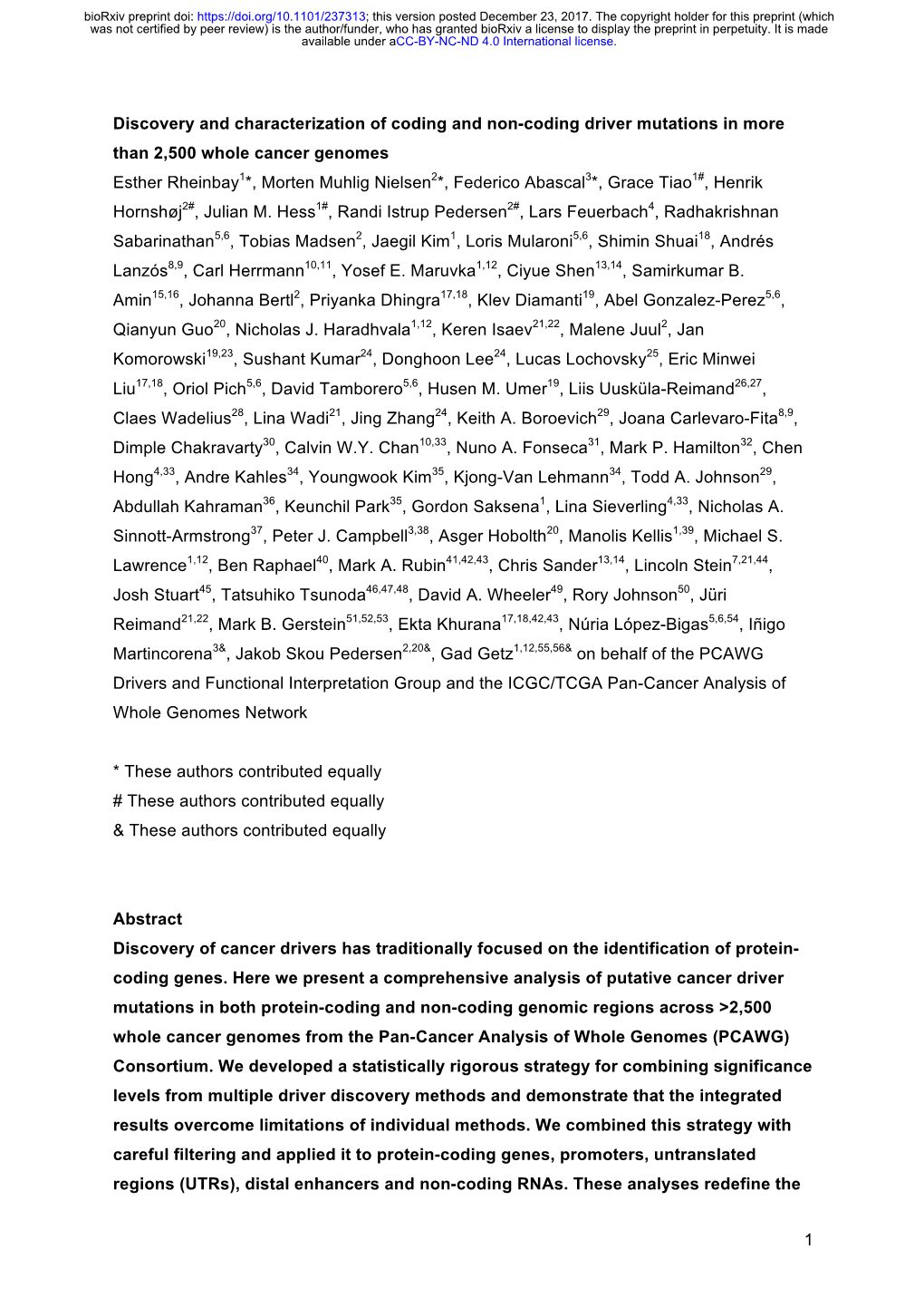 1 Discovery and Characterization of Coding and Non-Coding Driver Mutations in More Than 2,500 Whole Cancer Genomes Esther Rheinb