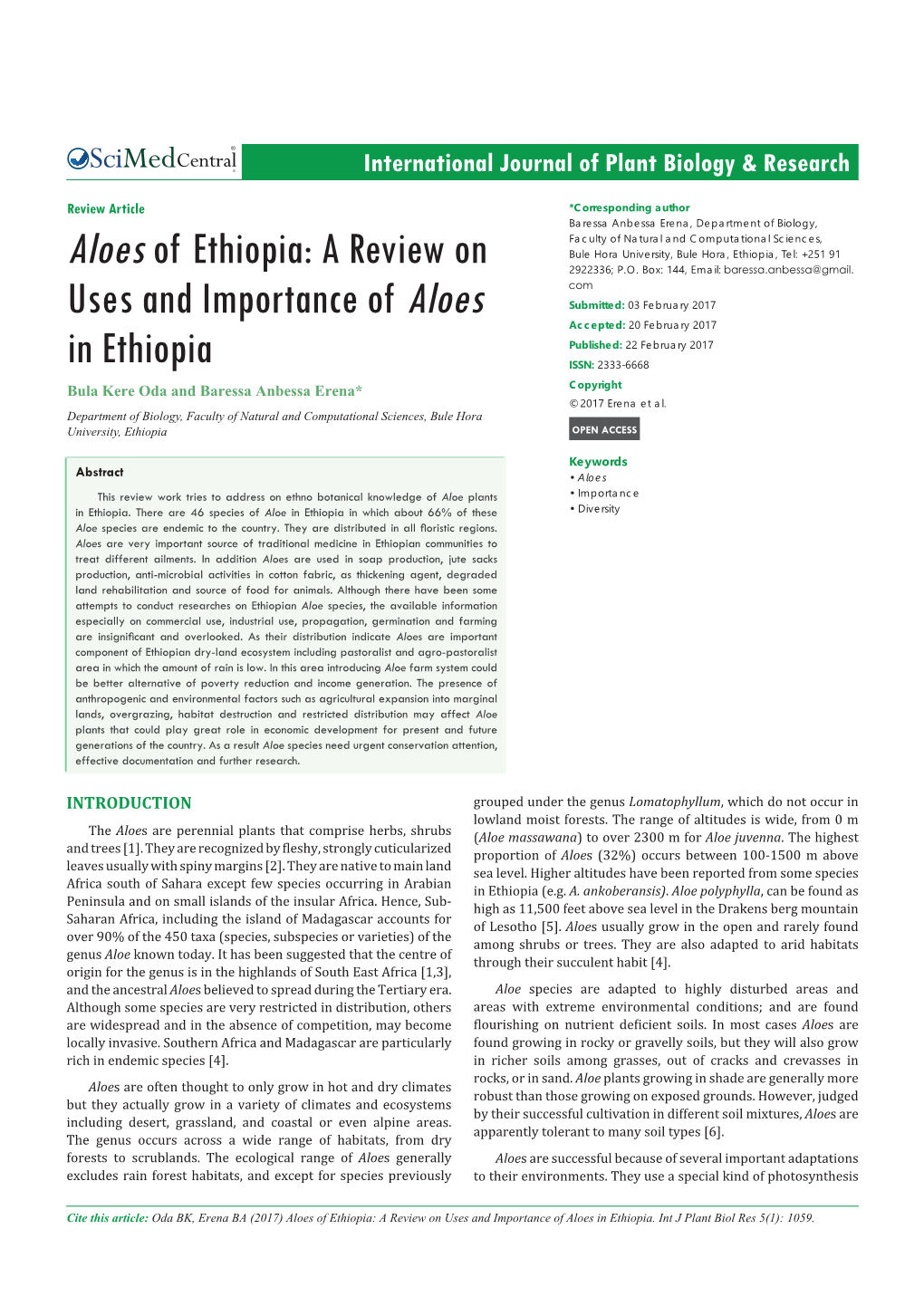 Aloes of Ethiopia: a Review on Bule Hora University, Bule Hora, Ethiopia, Tel: +251 91 2922336; P.O