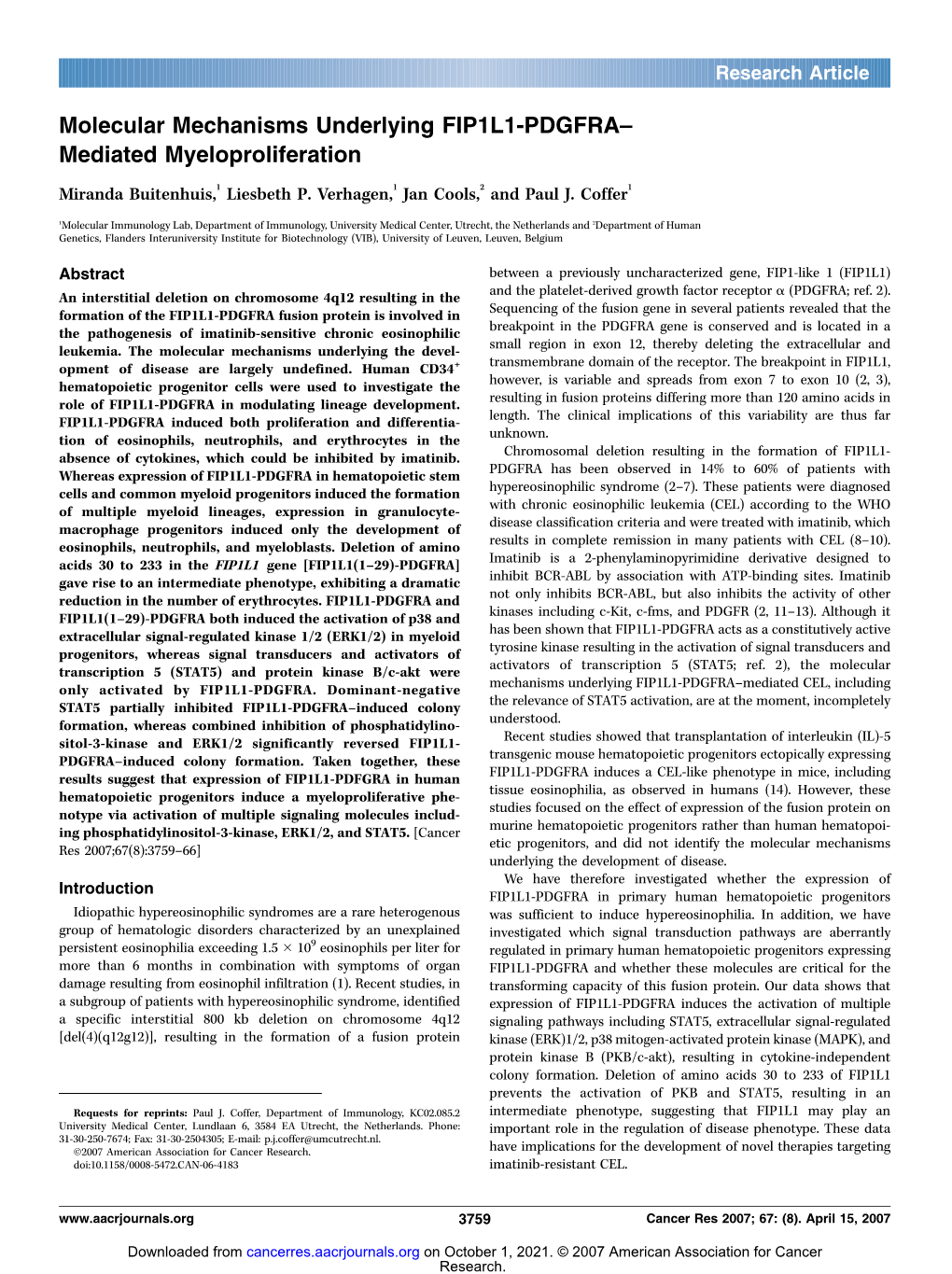 Molecular Mechanisms Underlying FIP1L1-PDGFRA– Mediated Myeloproliferation