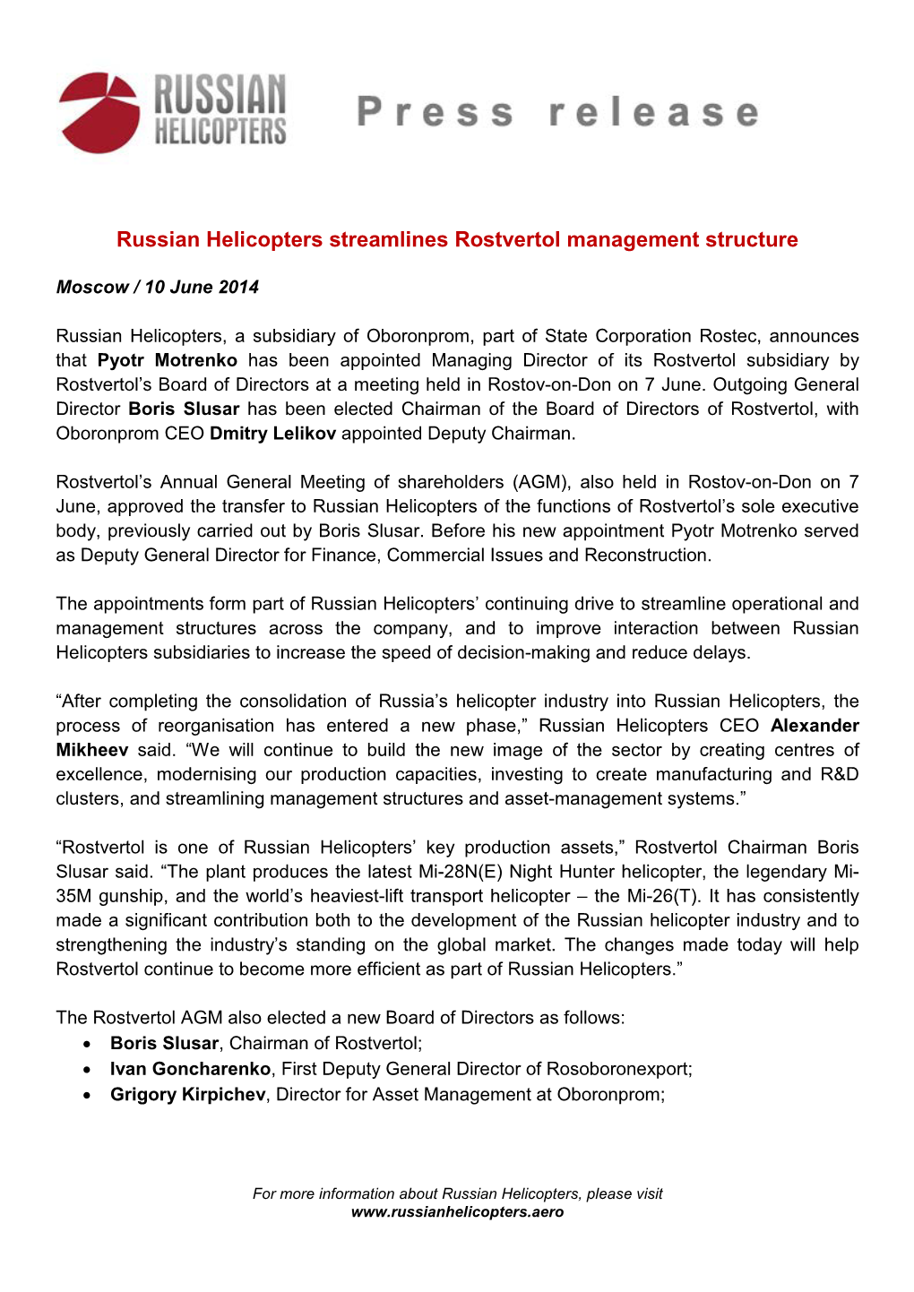 Russian Helicopters Streamlines Rostvertol Management Structure