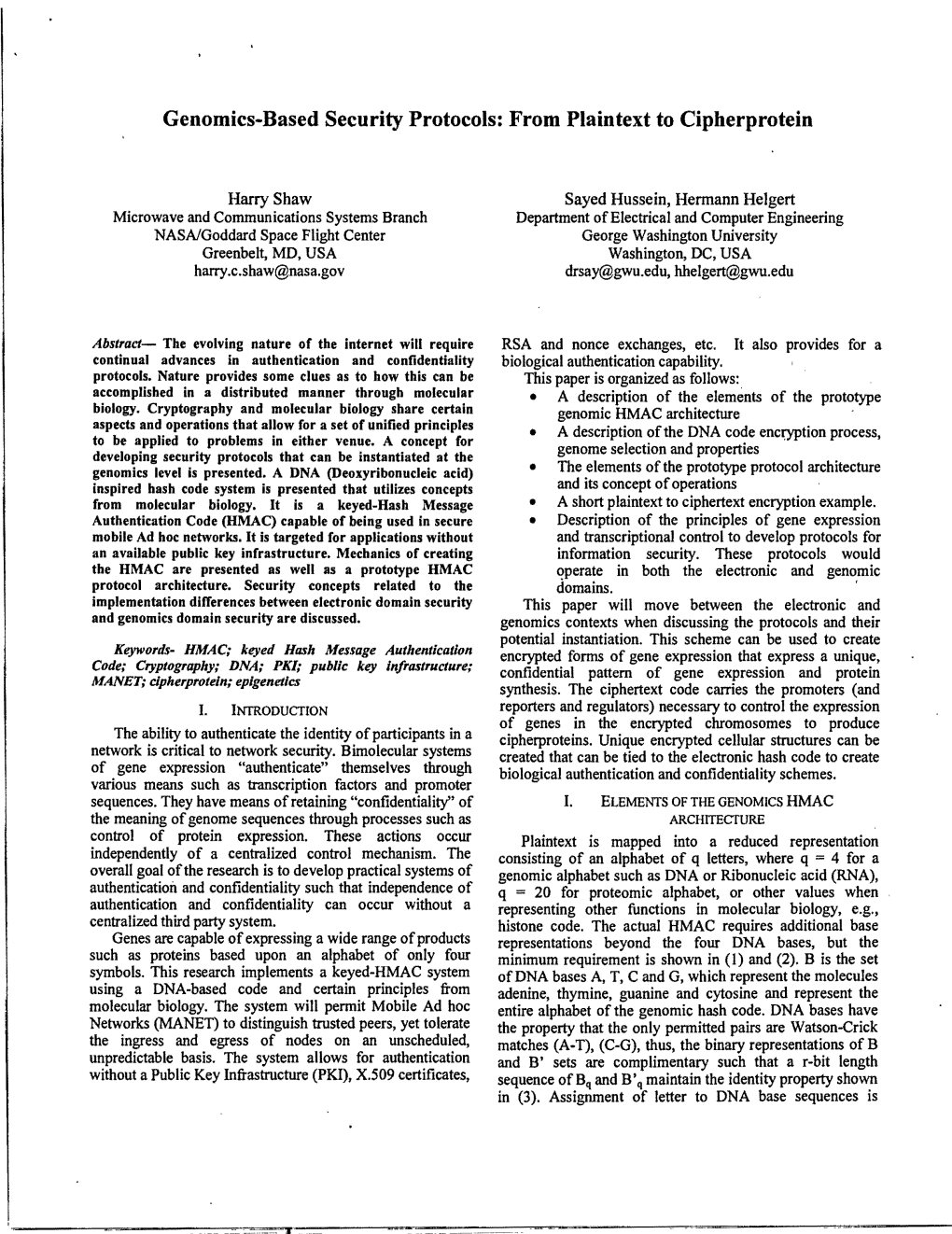 Genomics-Based Security Protocols: from Plaintext to Cipherprotein