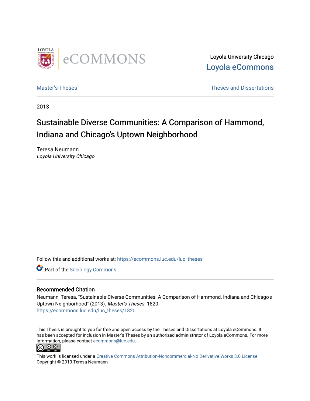 Sustainable Diverse Communities: a Comparison of Hammond, Indiana and Chicago's Uptown Neighborhood