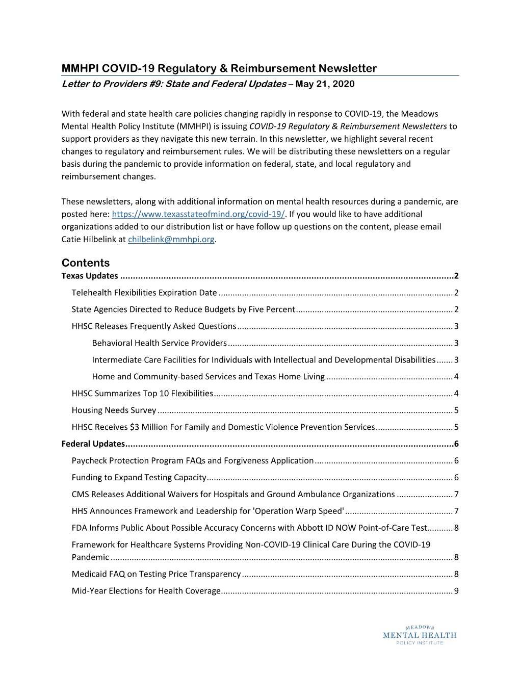MMHPI COVID-19 Regulatory & Reimbursement Newsletter Contents