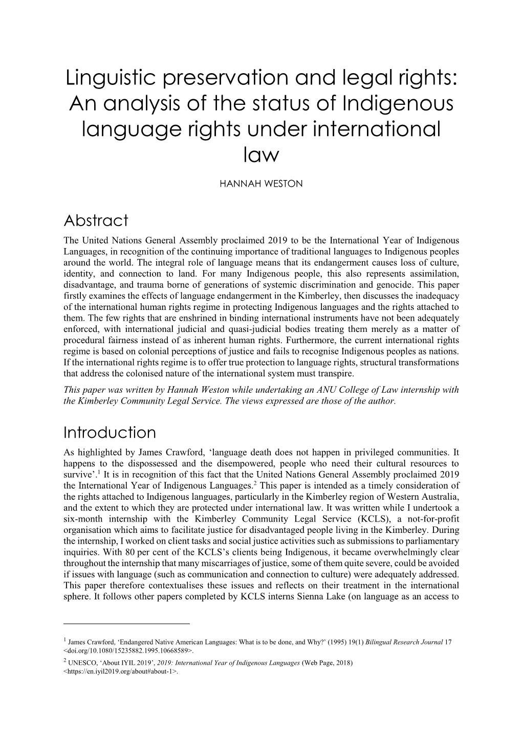 An Analysis of the Status of Indigenous Language Rights Under International Law