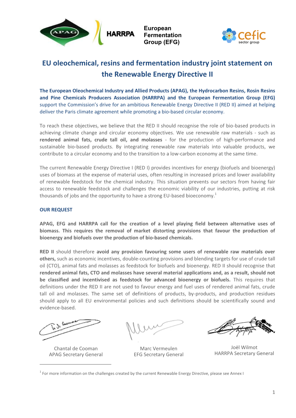 EU Oleochemical, Resins and Fermentation Industry Joint Statement on the Renewable Energy Directive II