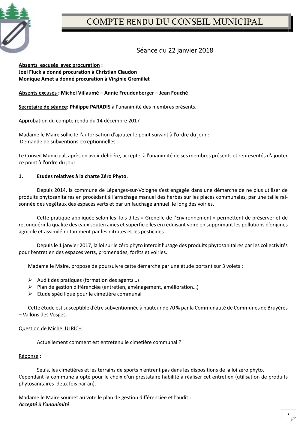 Compte Rendu Du Conseil Municipal