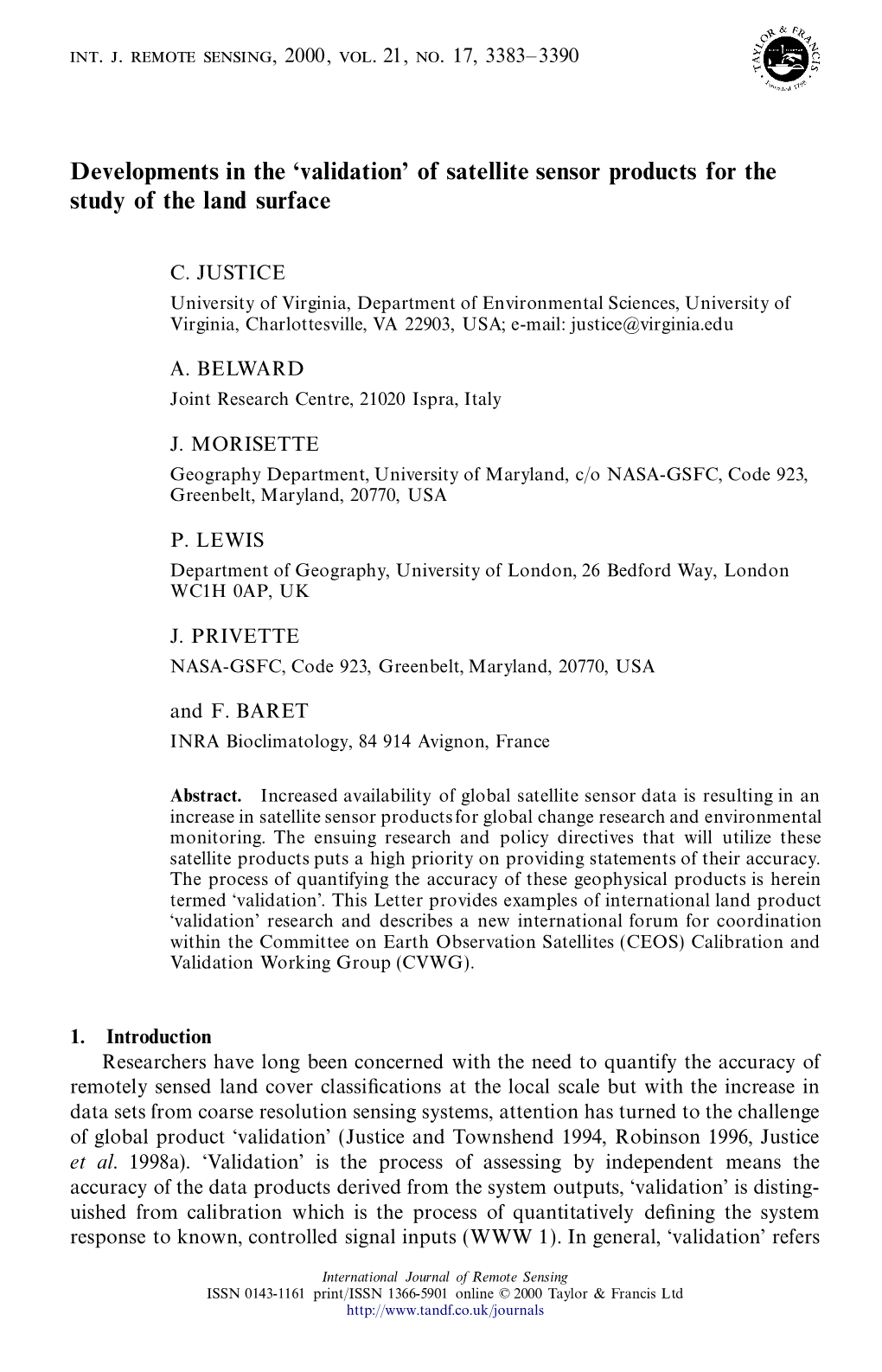 International Journal Remote Sensing, 2000, Vol. 21, No.17, 3383-3390