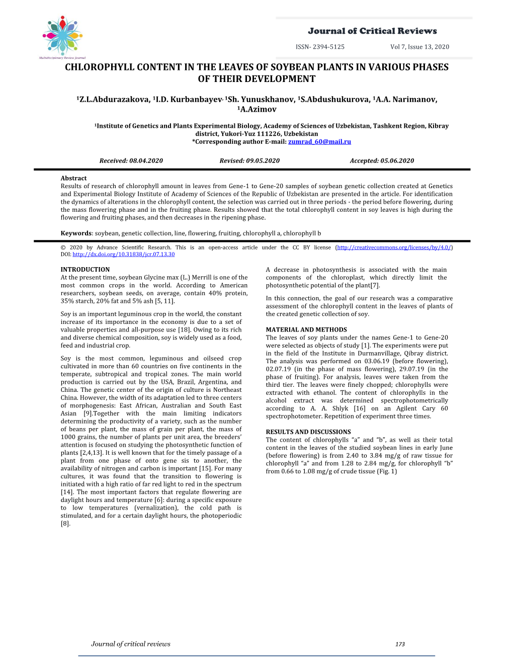 Chlorophyll Content in the Leaves of Soybean Plants in Various Phases of Their Development