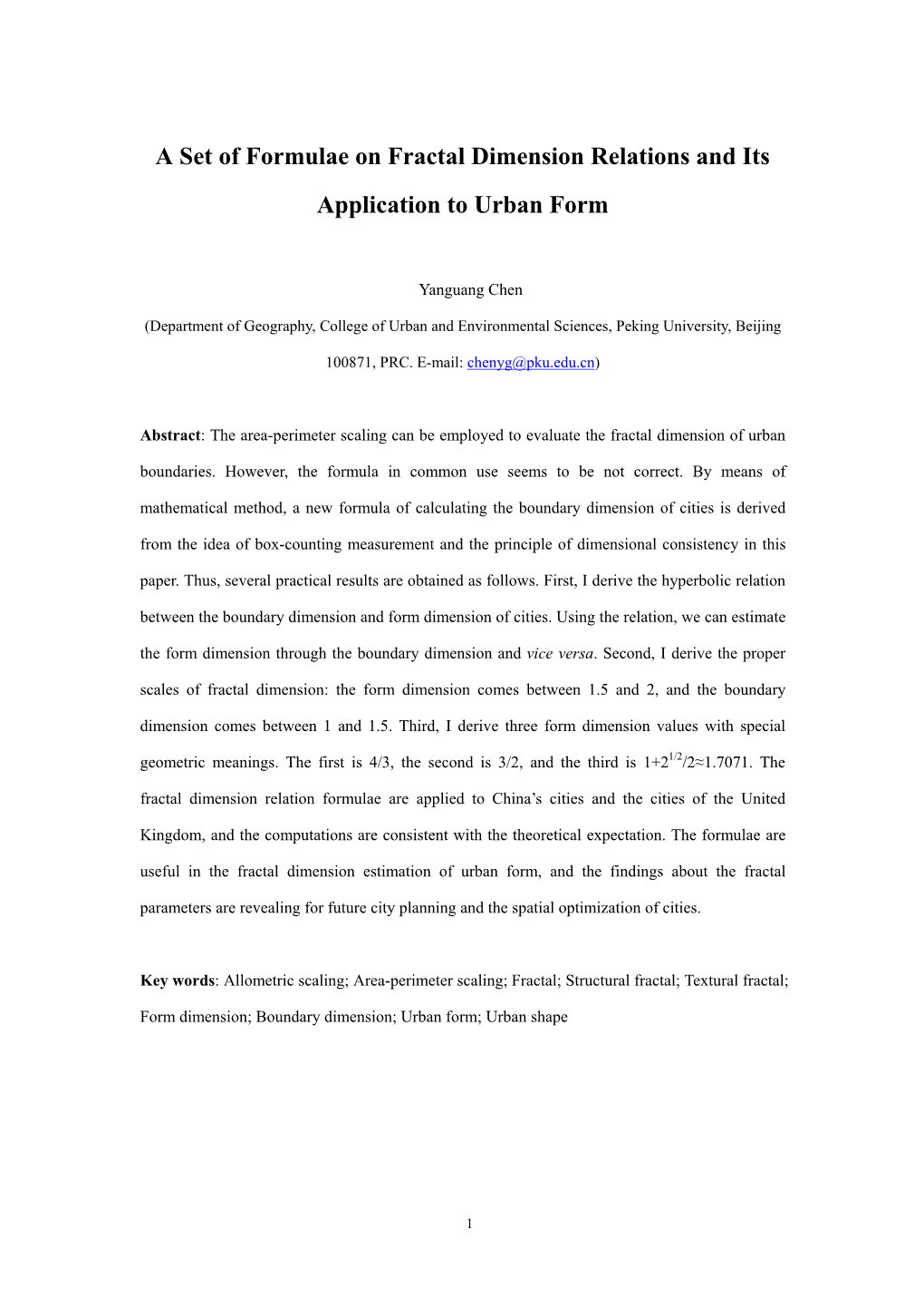 A Set of Formulae on Fractal Dimension Relations and Its Application to Urban Form