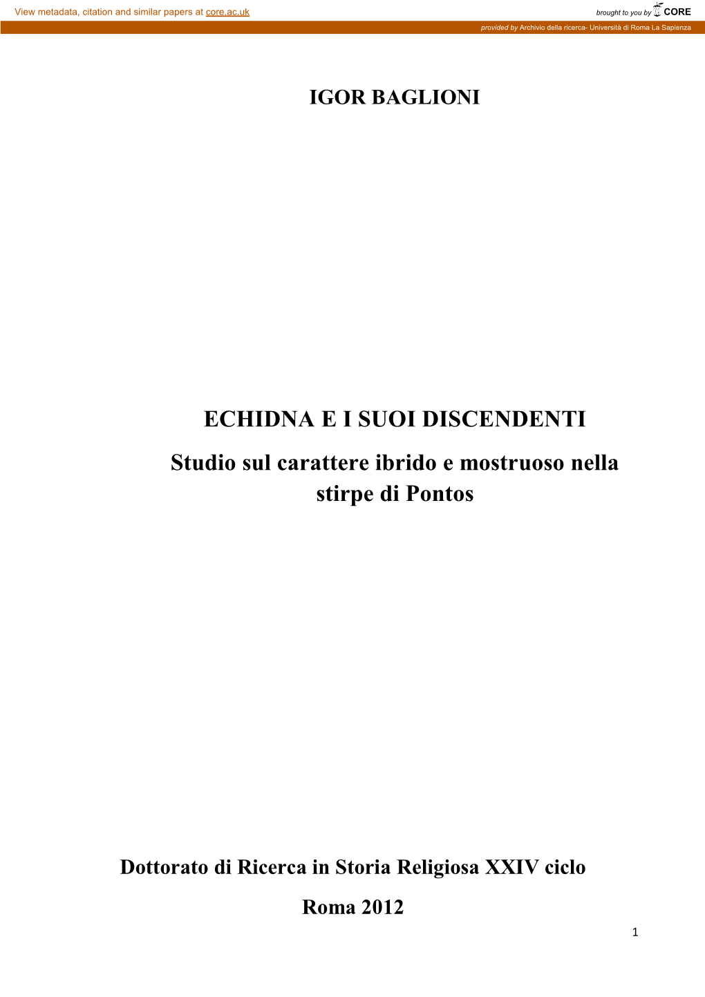 ECHIDNA E I SUOI DISCENDENTI Studio Sul Carattere Ibrido E Mostruoso Nella Stirpe Di Pontos