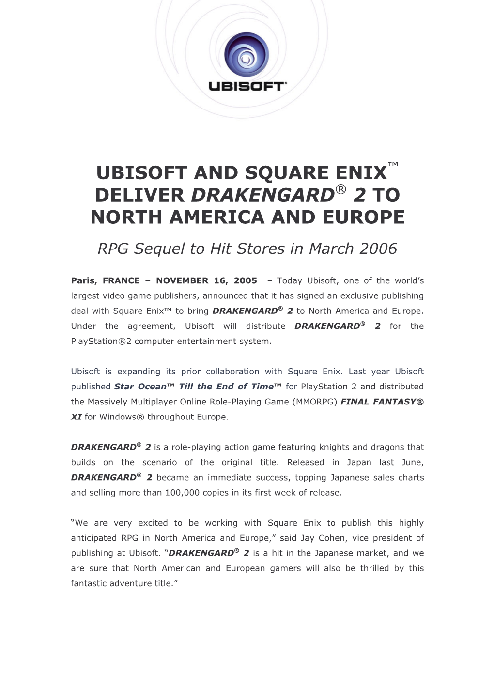 Ubisoft and Square Enix Deliver Drakengard 2 To