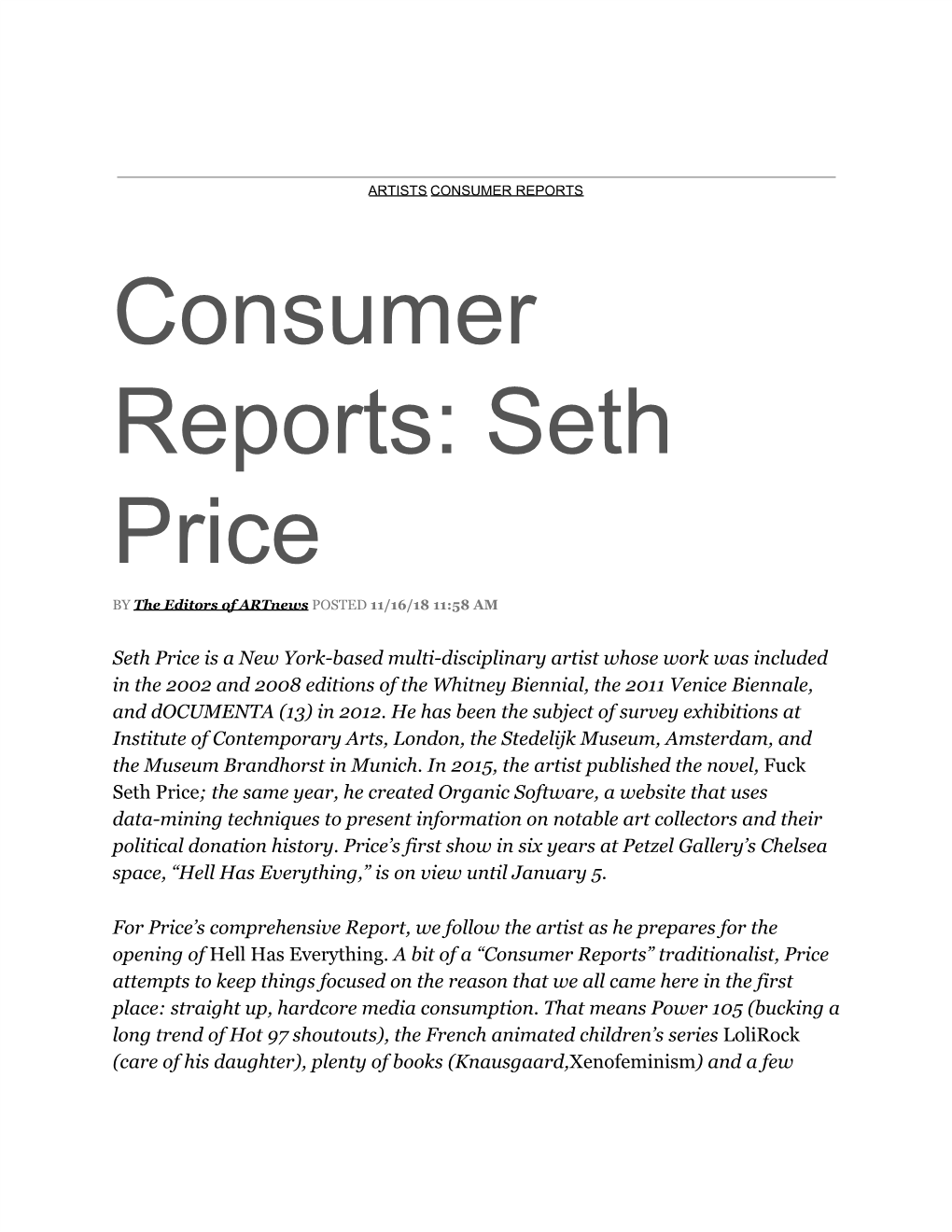 Consumer Reports: Seth Price