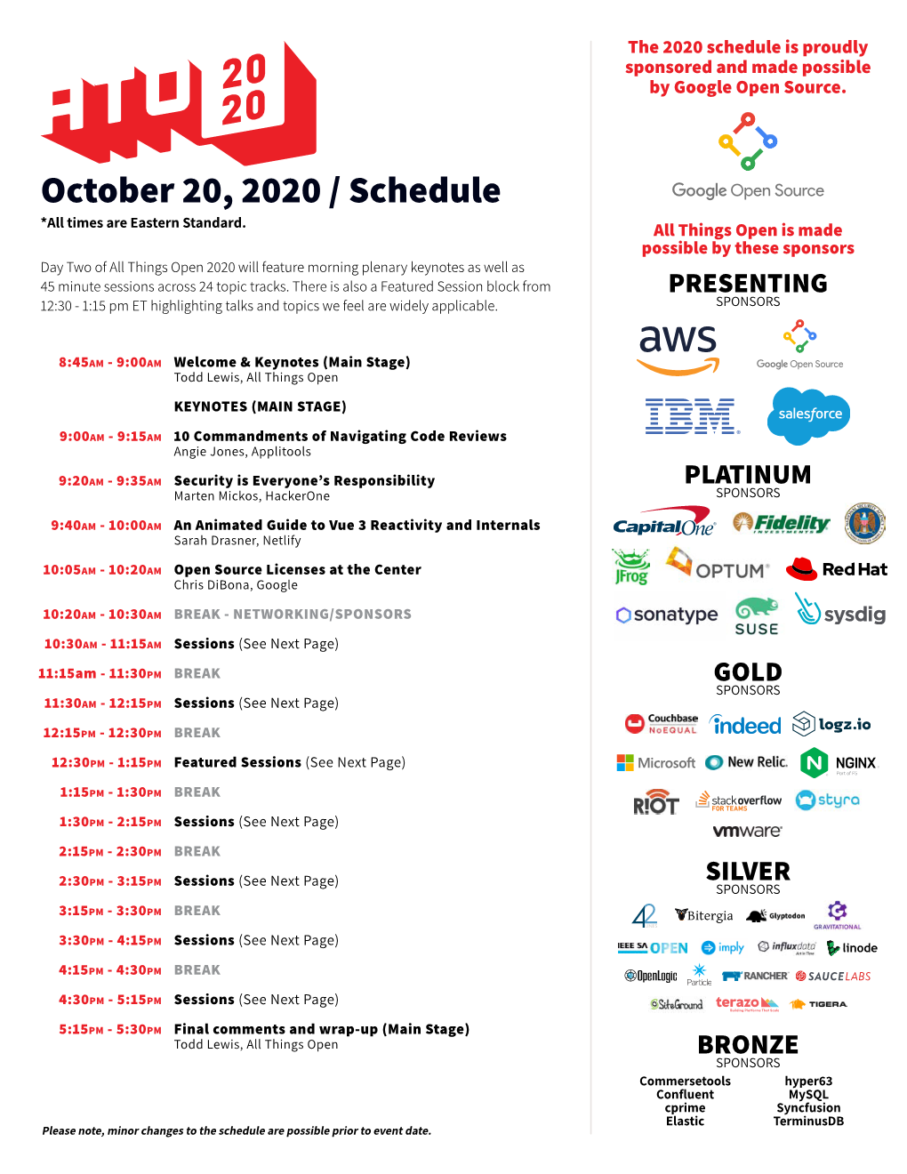 October 20, 2020 / Schedule *All Times Are Eastern Standard