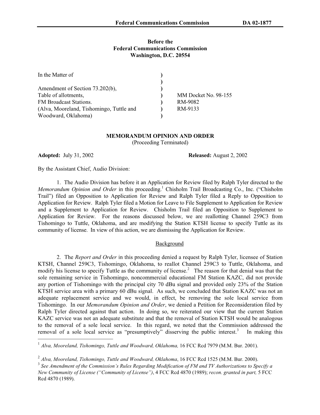 Federal Communications Commission DA 02-1877 Before the Federal