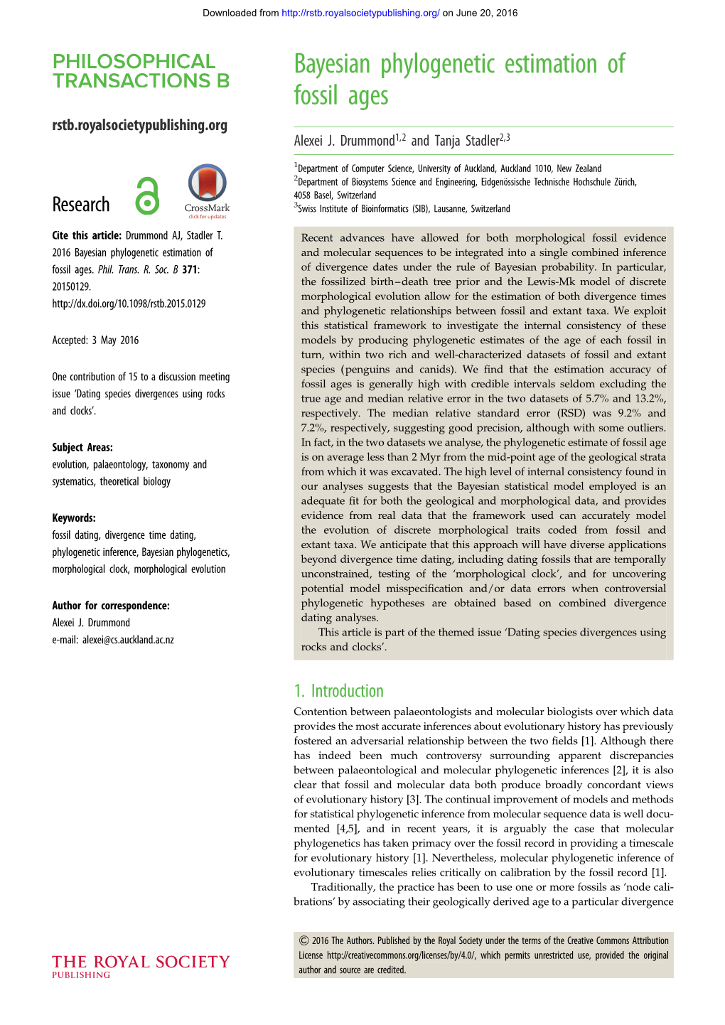 Bayesian Phylogenetic Estimation of Fossil Ages Rstb.Royalsocietypublishing.Org Alexei J