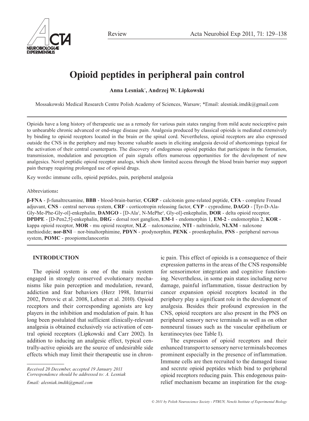 Opioid Peptides in Peripheral Pain Control